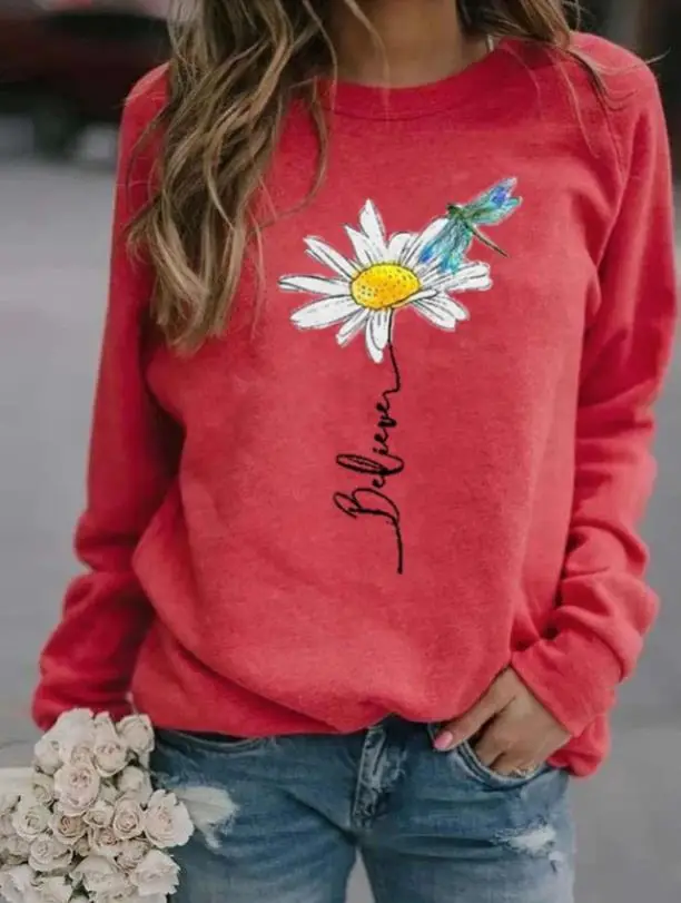 Green Daisy Printed Sweatshirt for Women Long Sleeve - Image 2