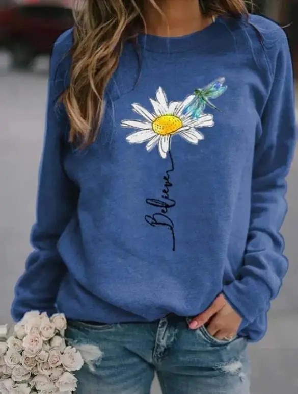 Green Daisy Printed Sweatshirt for Women Long Sleeve - Image 4