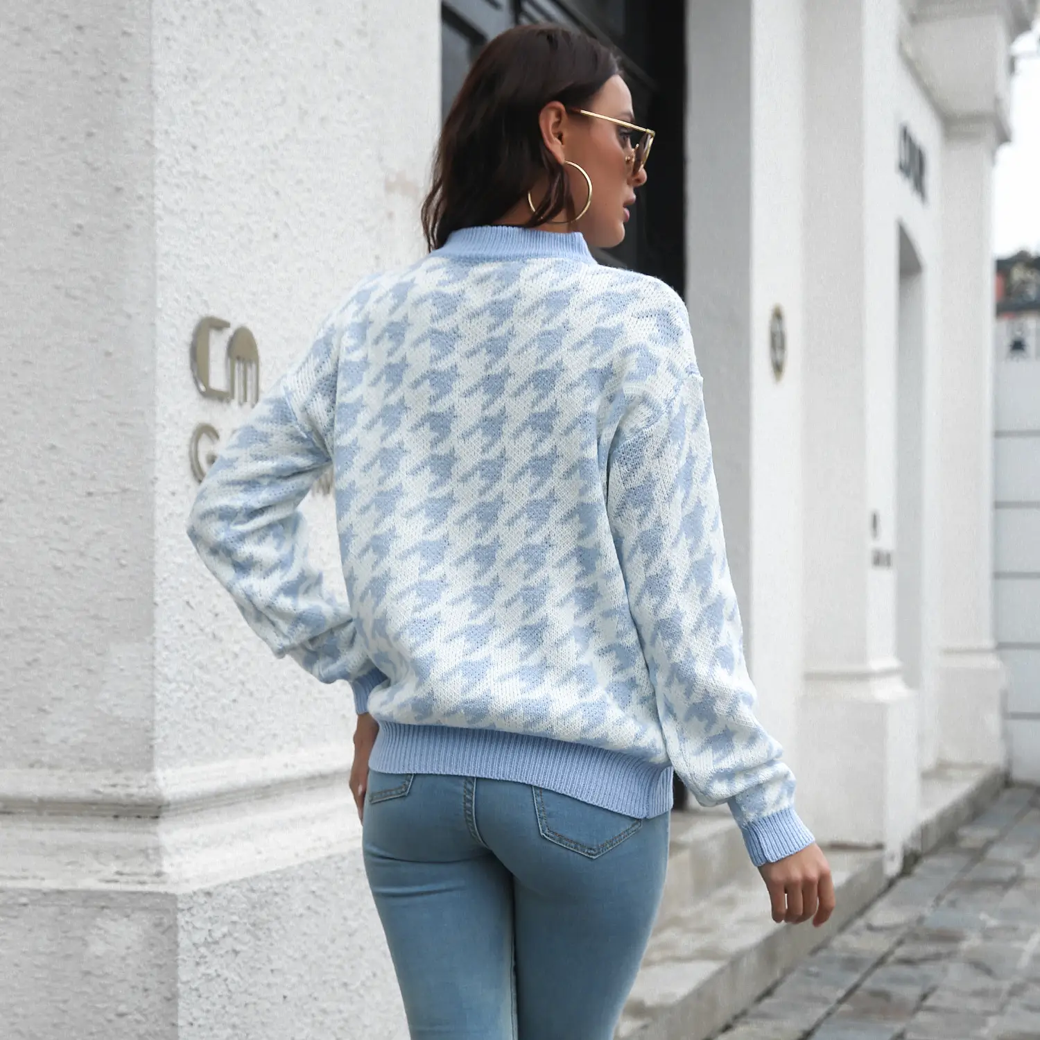 Houndstooth Pattern Knit Sweater Red White Women - Image 7