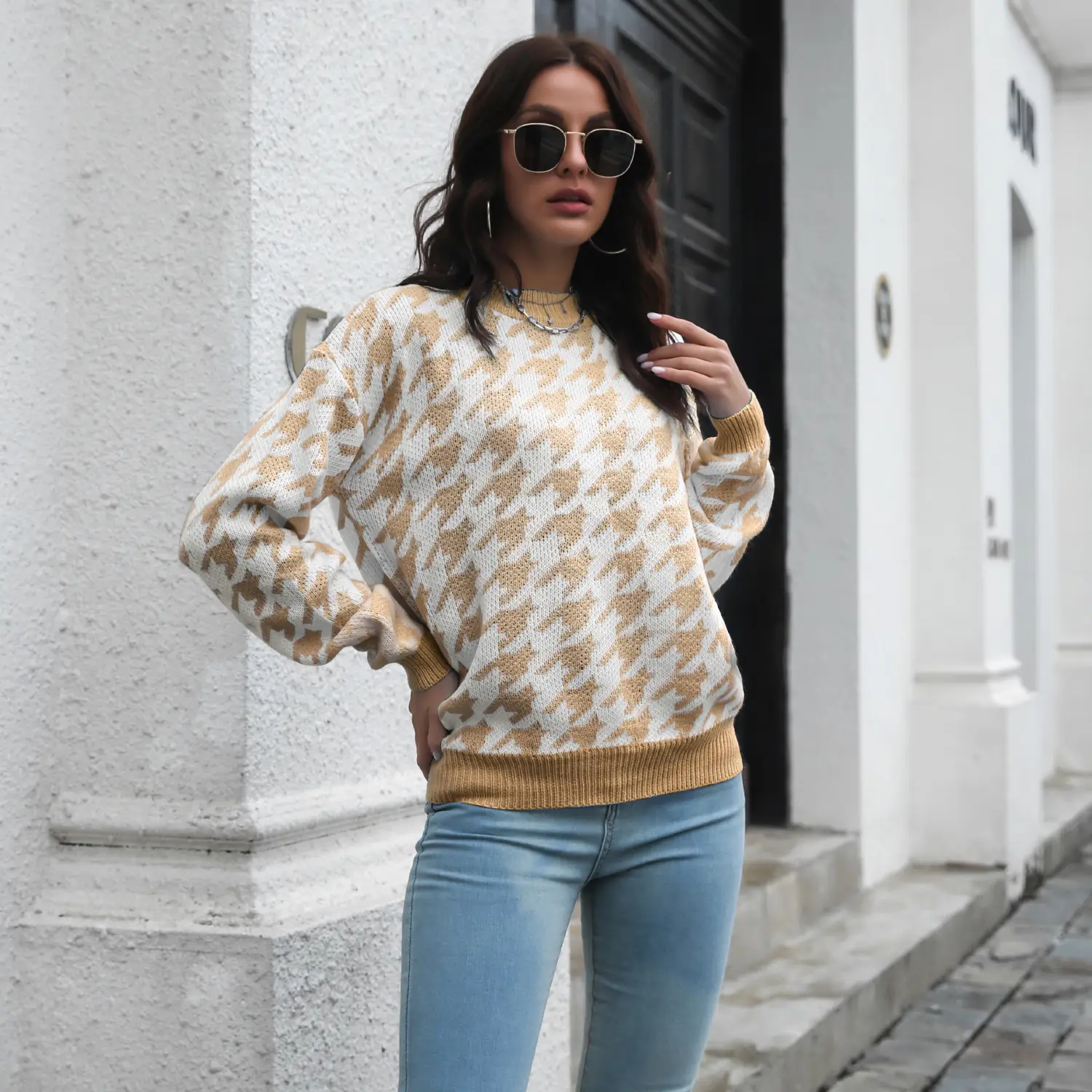 Houndstooth Pattern Knit Sweater Red White Women - Image 2