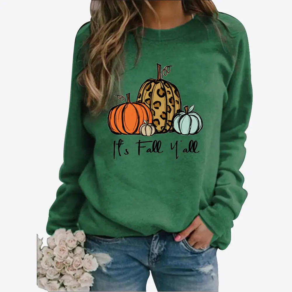 Women's Green Pumpkin Print Sweatshirt Long Sleeve — feature 13