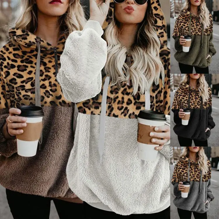 Women Plush Leopard Zipper Sweater Winter Top - Image 3