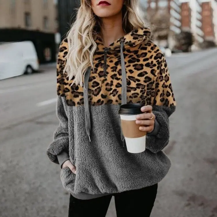 Women Plush Leopard Zipper Sweater Winter Top - Image 5