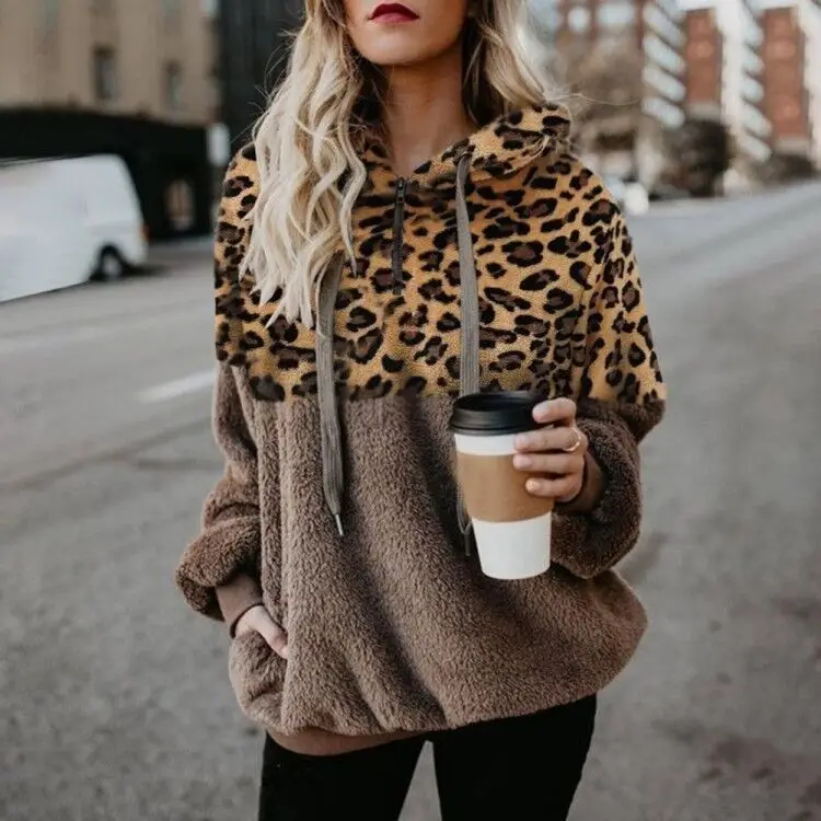 Women Plush Leopard Zipper Sweater Winter Top - Image 6