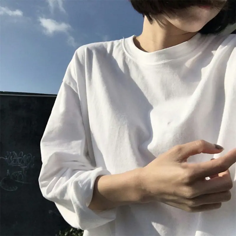Women White Long Sleeve Round Neck T-Shirt Autumn Wear - Image 2