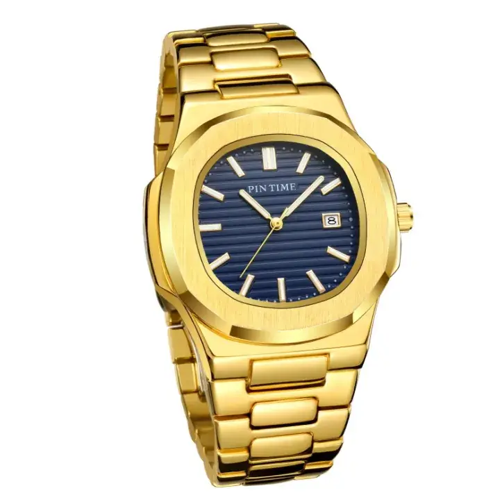 Gold Men's Watch with Blue Dial & Steel Band