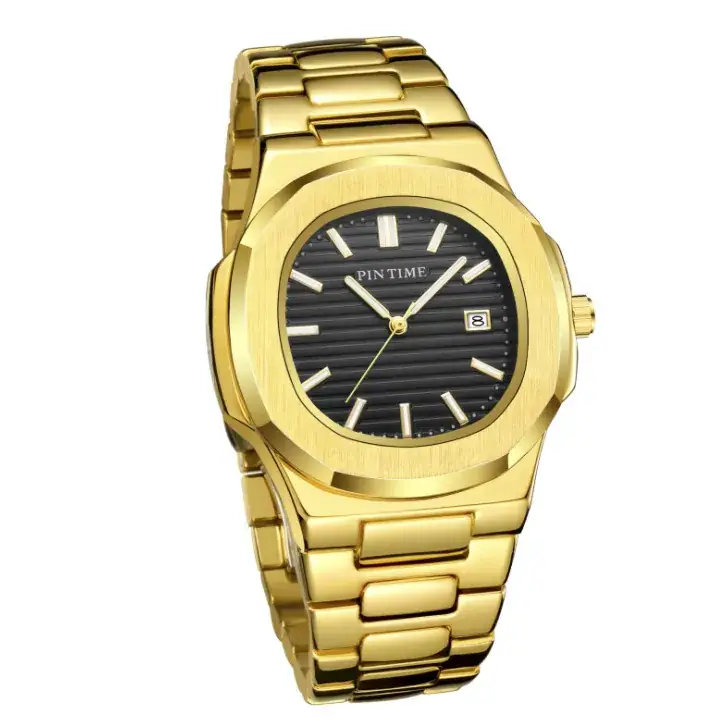 Gold Men's Watch with Blue Dial & Steel Band