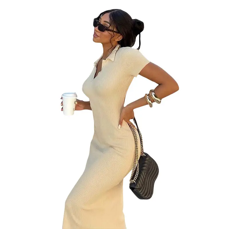 Women's 2021 Summer Split Dress Cream Backless Lapel - Image 9