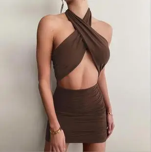 Women's 2021 Summer Split Dress Cream Backless Lapel — feature 1