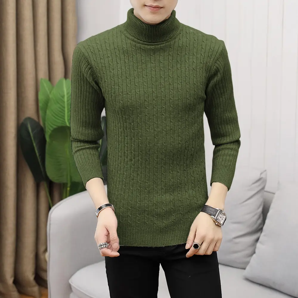 Men's White Striped Turtleneck Sweater M012 - Image 10