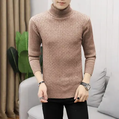 Men's White Striped Turtleneck Sweater M012 - Image 11
