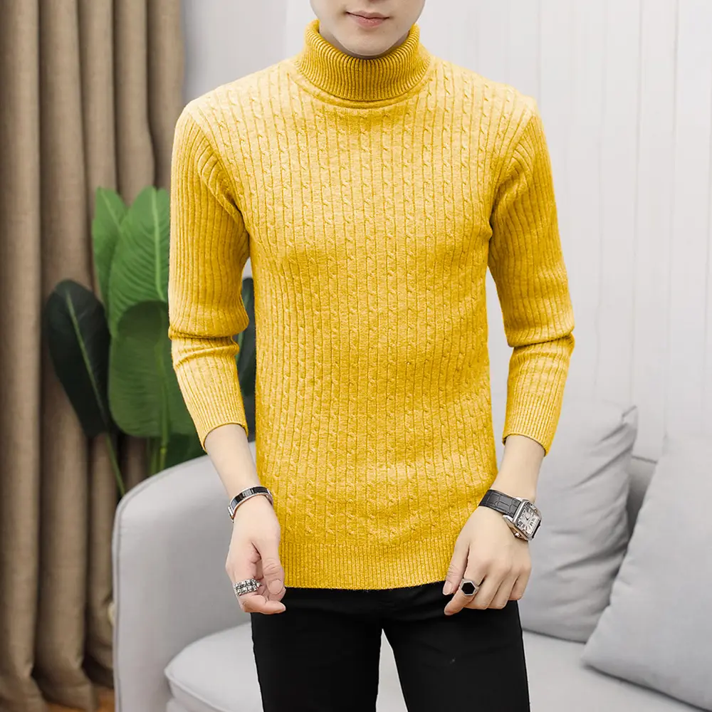 Men's White Striped Turtleneck Sweater M012 - Image 12