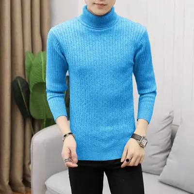 Men's White Striped Turtleneck Sweater M012 - Image 13