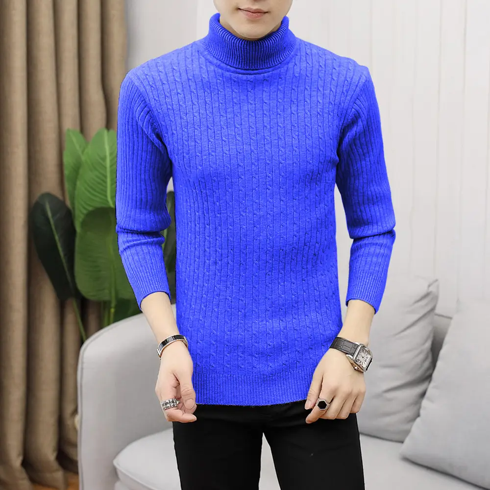 Men's White Striped Turtleneck Sweater M012 - Image 14
