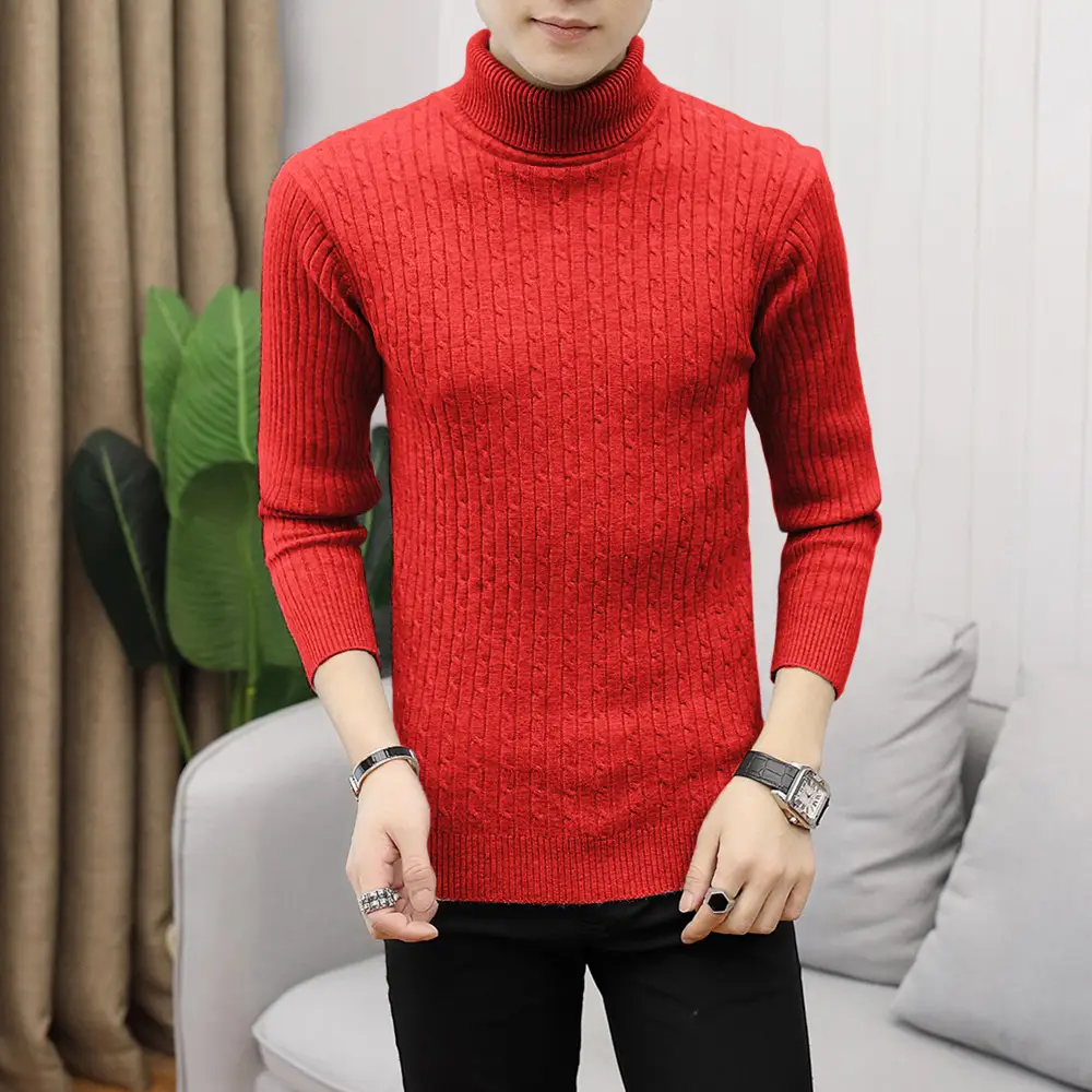 Men's White Striped Turtleneck Sweater M012 - Image 9