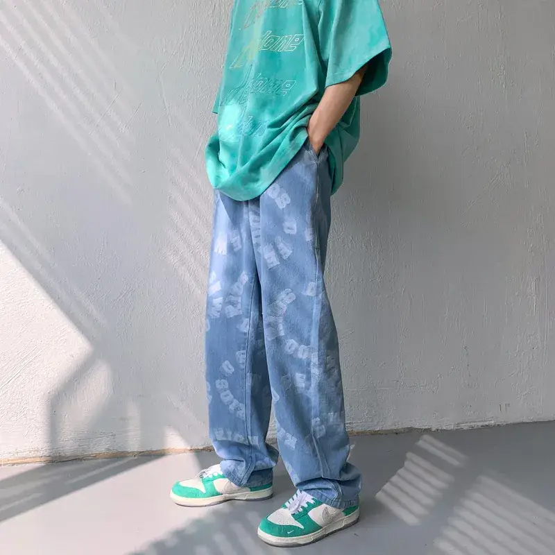 Men Printed Thin Loose Jeans Summer Casual Wide Leg Pants
