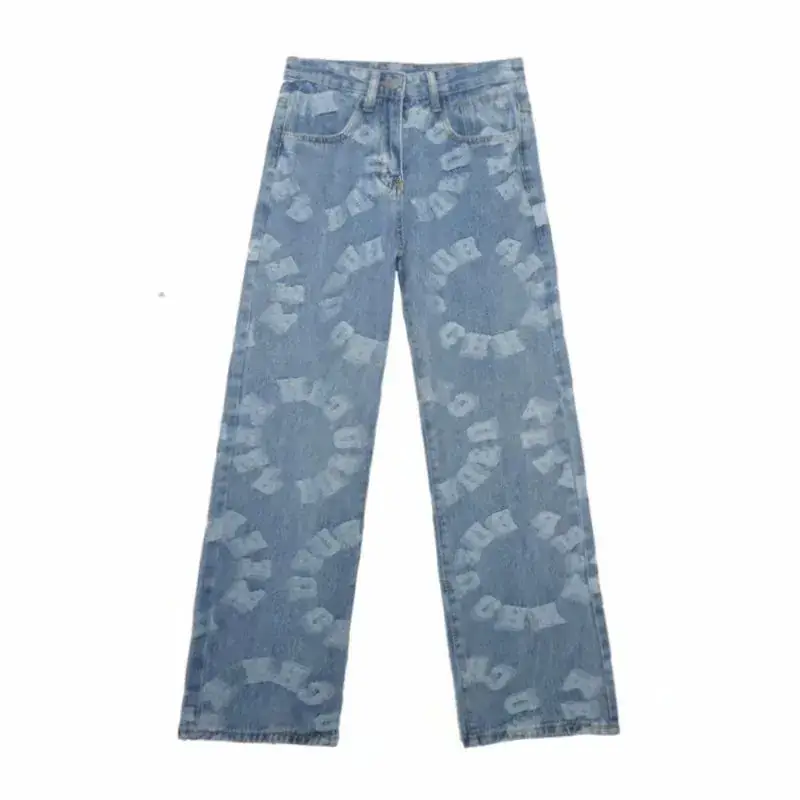 Men Printed Thin Loose Jeans Summer Casual Wide Leg Pants