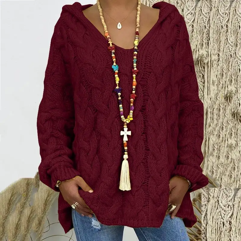 Women's Long Sleeve V-Neck Knitted Sweater Brown - Image 11