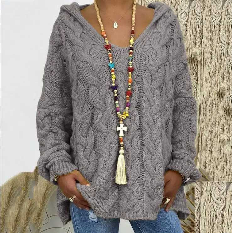 Women's Long Sleeve V-Neck Knitted Sweater Brown - Image 17
