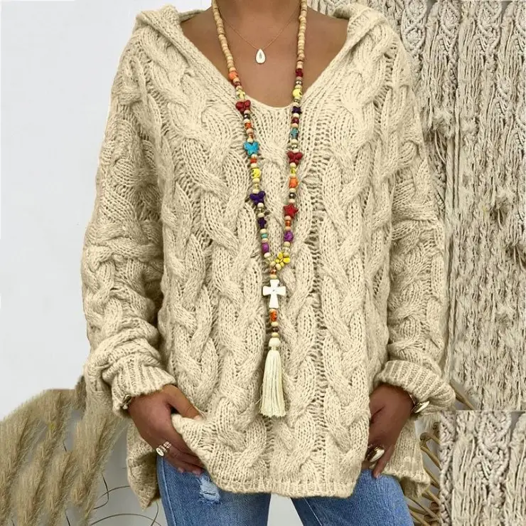 Women's Long Sleeve V-Neck Knitted Sweater Brown - Image 18