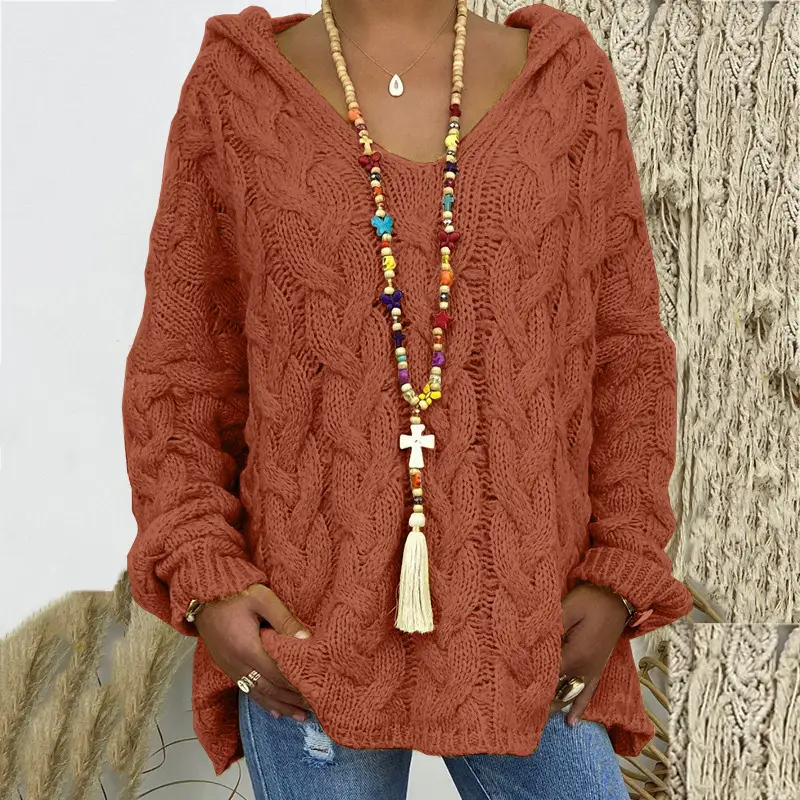 Women's Long Sleeve V-Neck Knitted Sweater Brown - Image 24