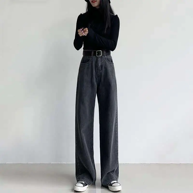 Black Grey Wide Leg High Waist Trousers for Women