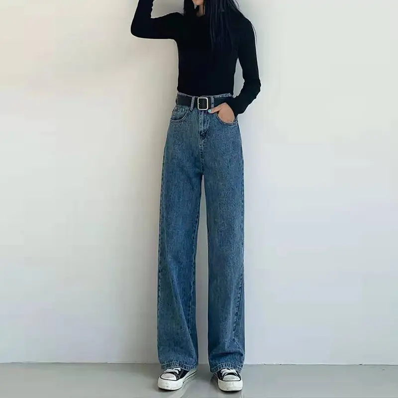 Black Grey Wide Leg High Waist Trousers for Women