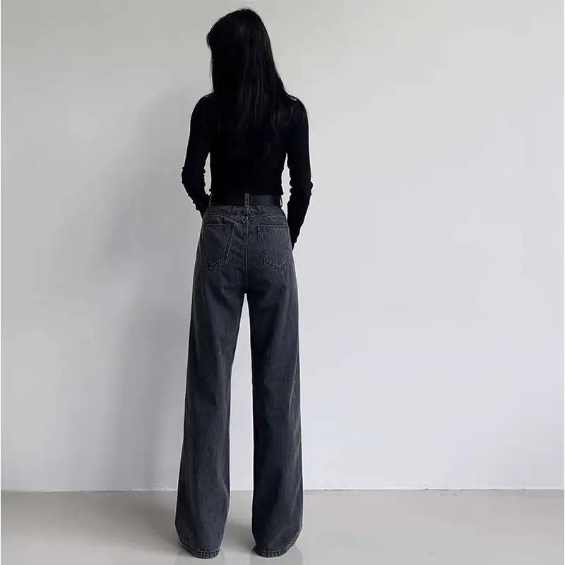 Black Grey Wide Leg High Waist Trousers for Women
