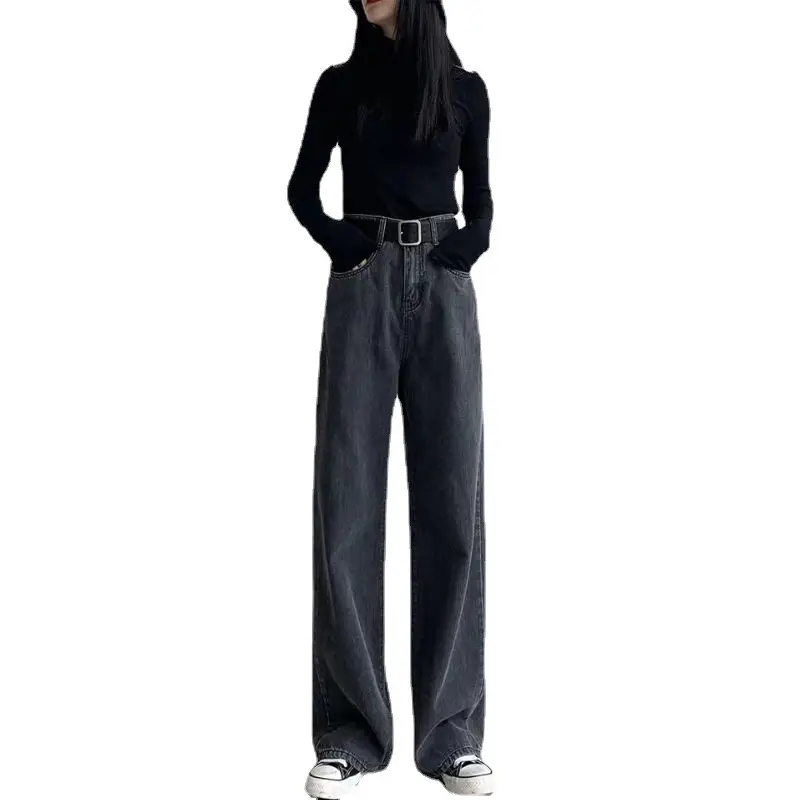 Black Grey Wide Leg High Waist Trousers for Women
