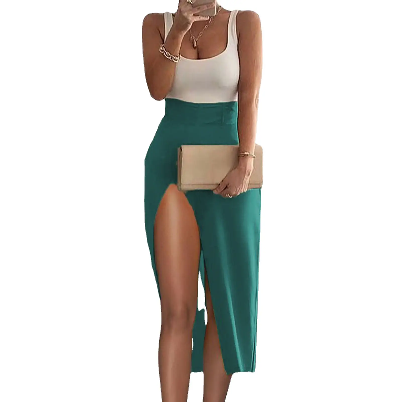 High Waist Slim Split Dress Black White Polyester - Image 5