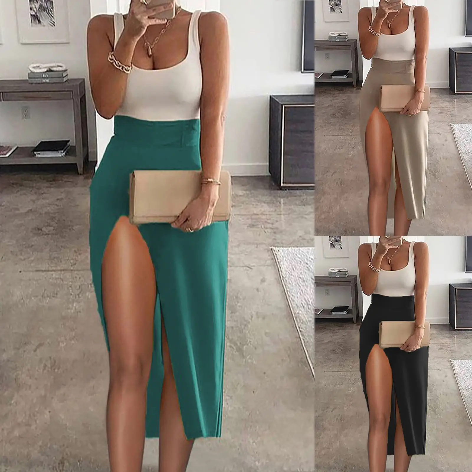 High Waist Slim Split Dress Black White Polyester - Image 6