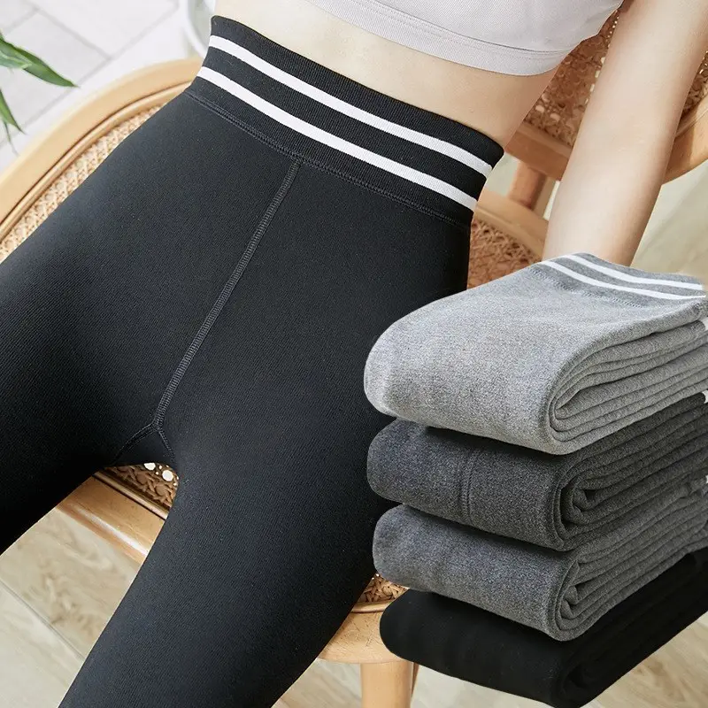 Women Thick Fleece Leggings Striped Waistband Black - Image 6