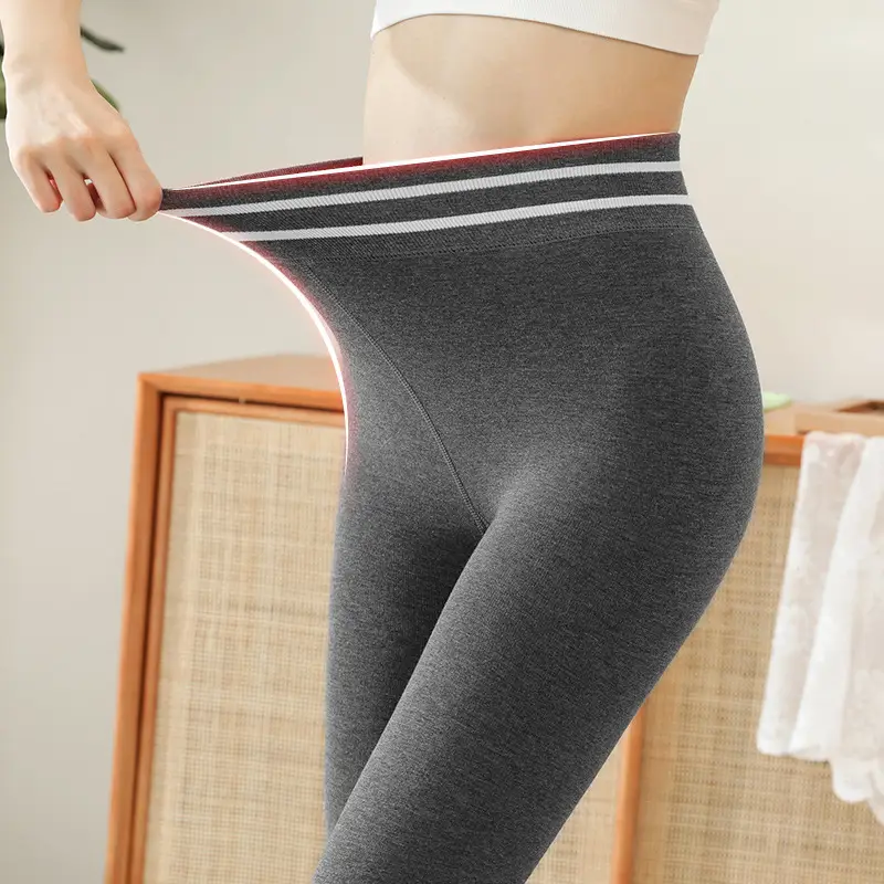 Women Thick Fleece Leggings Striped Waistband Black - Image 7