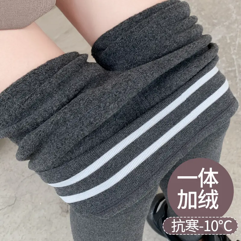 Women Thick Fleece Leggings Striped Waistband Black - Image 8