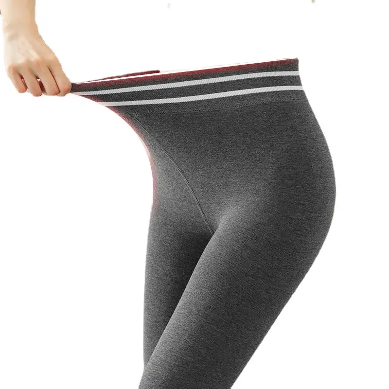 Women Thick Fleece Leggings Striped Waistband Black - Image 9