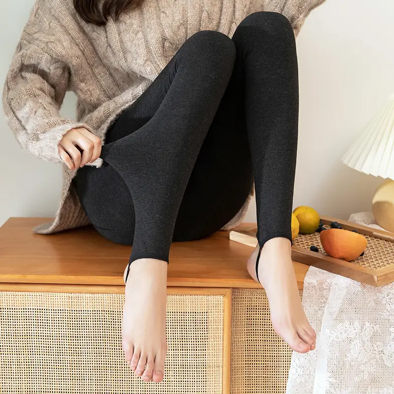 Women Thick Fleece Leggings Striped Waistband Black - Image 2