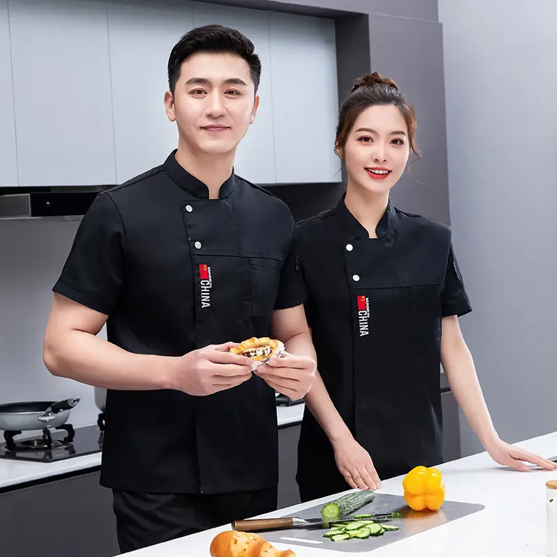 Men Chinese Style Short Sleeve Kitchen Bakers White Shirt - Image 8