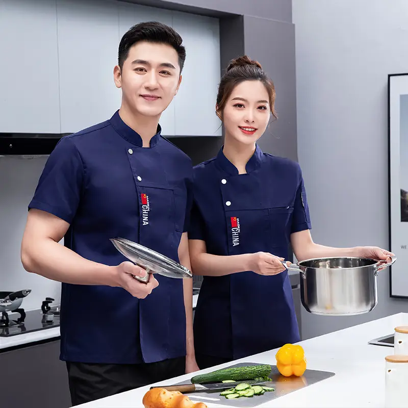 Men Chinese Style Short Sleeve Kitchen Bakers White Shirt - Image 9