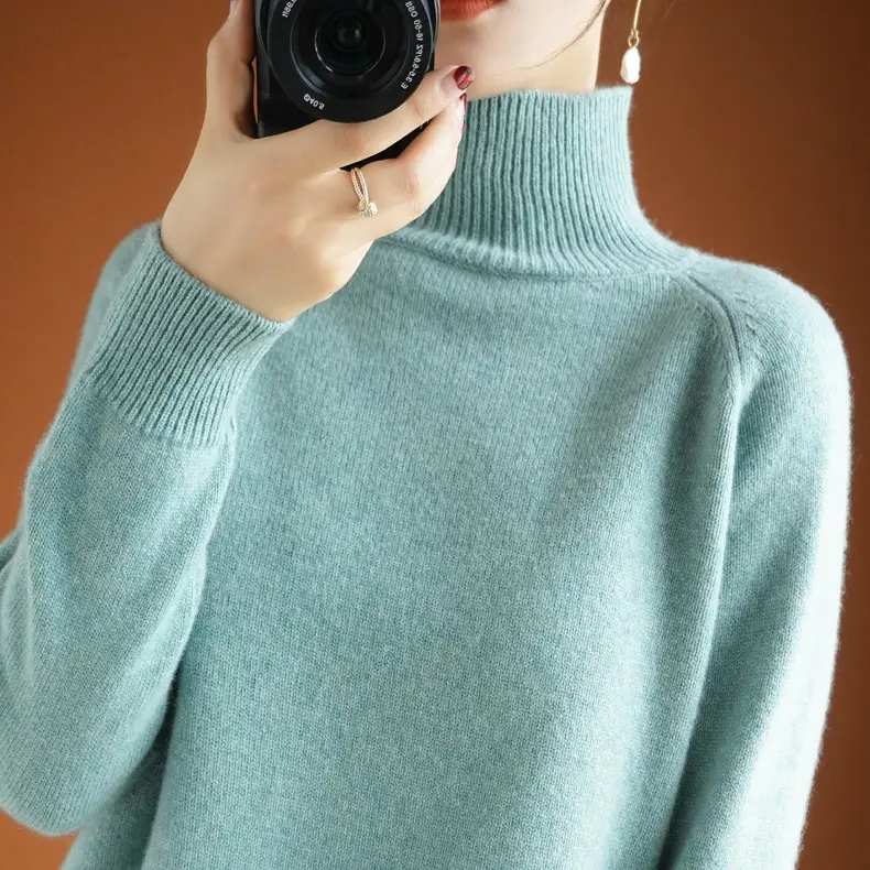 Women's Light Blue Half-Turtleneck Pullover Sweater - Image 5