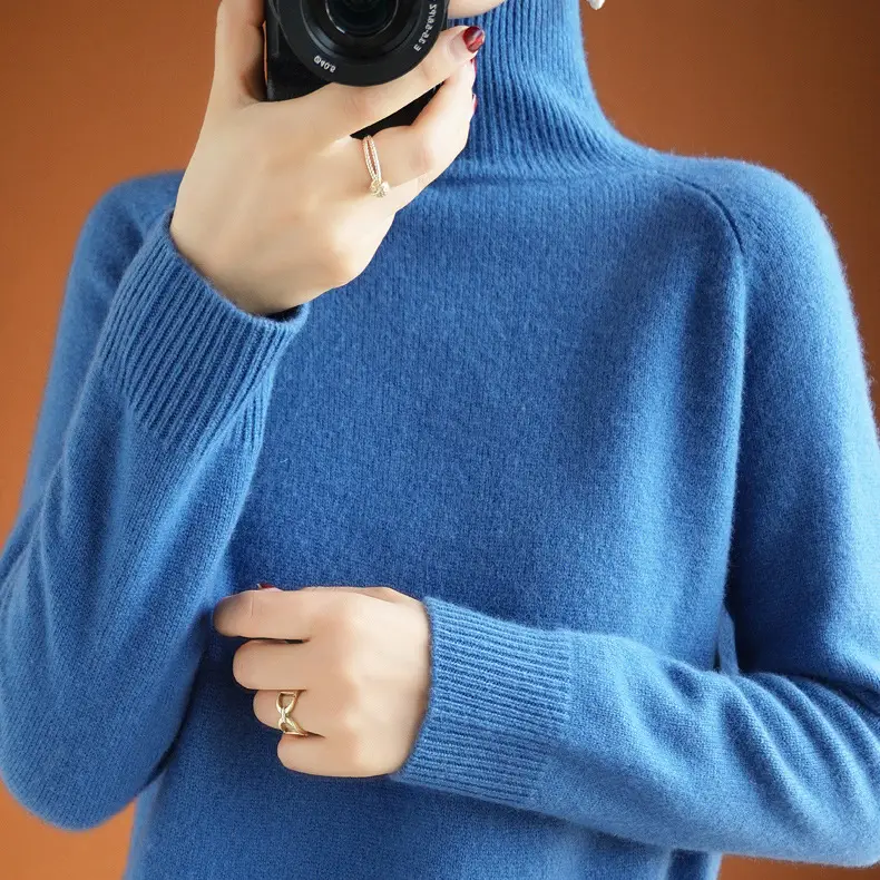 Women's Light Blue Half-Turtleneck Pullover Sweater - Image 8