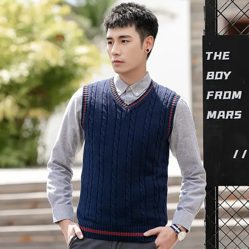 Men's V-Neck Knitted Sleeveless Vest Orange Winter - Image 2