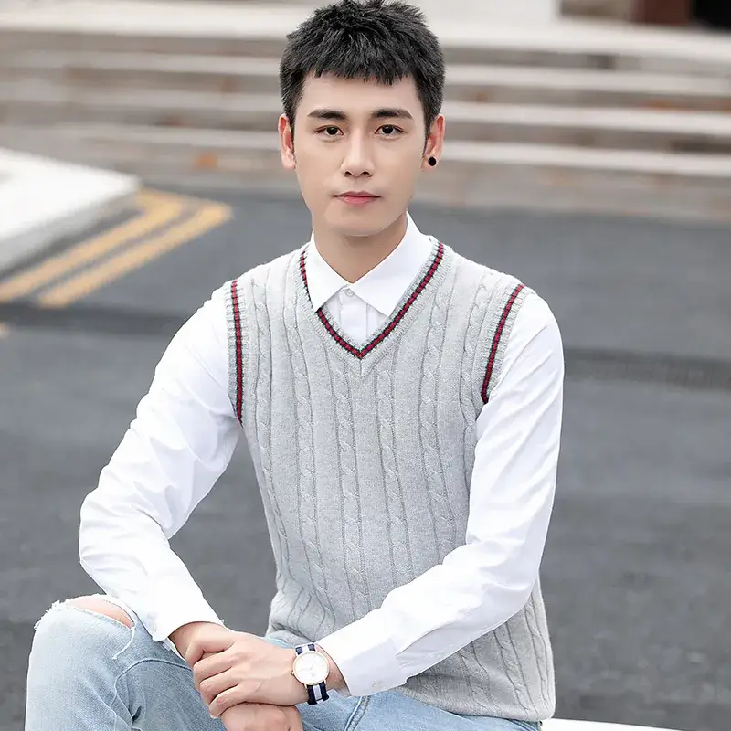 Men's V-Neck Knitted Sleeveless Vest Orange Winter - Image 7