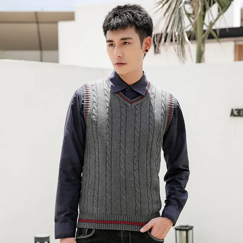 Men's V-Neck Knitted Sleeveless Vest Orange Winter - Image 8