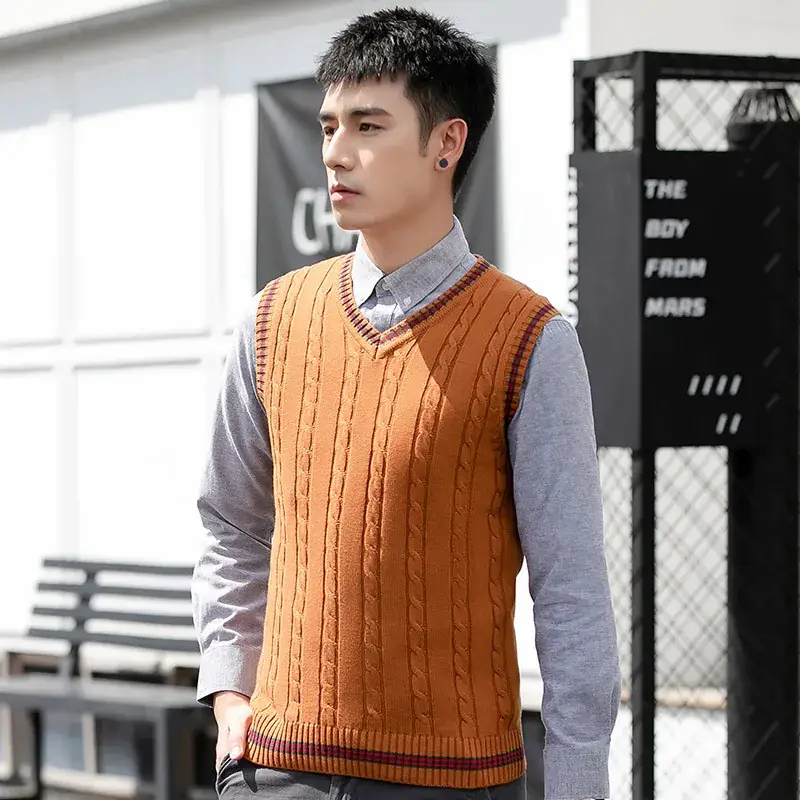 Men's V-Neck Knitted Sleeveless Vest Orange Winter - Image 9