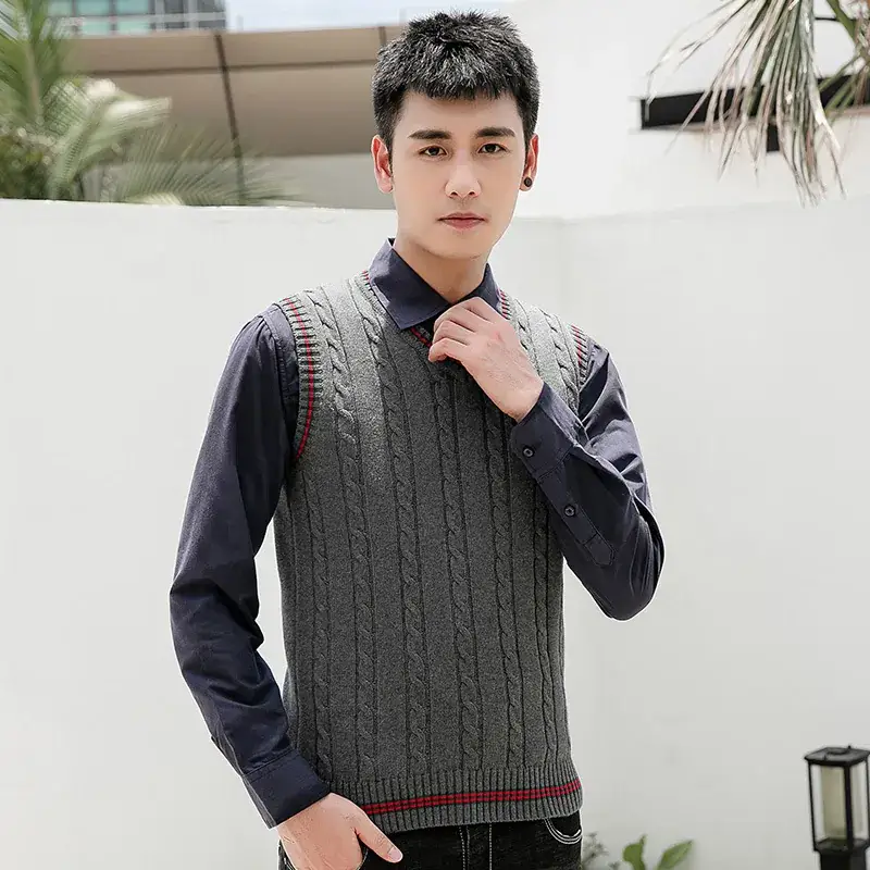 Men's V-Neck Knitted Sleeveless Vest Orange Winter - Image 3