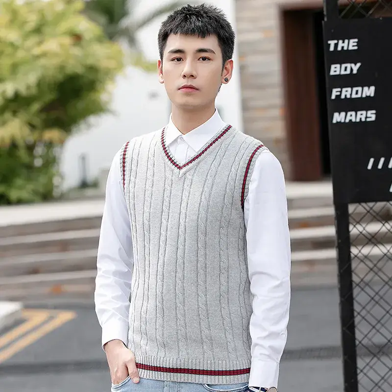Men's V-Neck Knitted Sleeveless Vest Orange Winter - Image 4