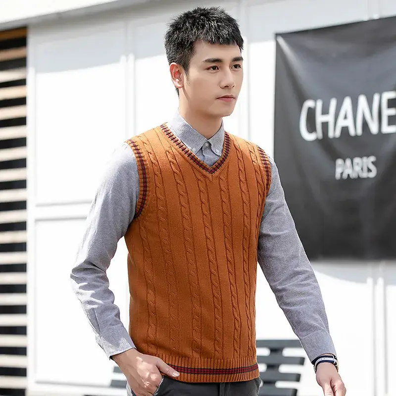 Men's V-Neck Knitted Sleeveless Vest Orange Winter - Image 5