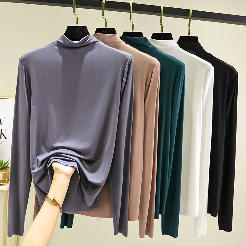 Women Korean Long Sleeve Collar T-Shirt Solid Teal - Image 11