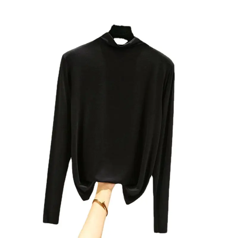 Women Korean Long Sleeve Collar T-Shirt Solid Teal - Image 12