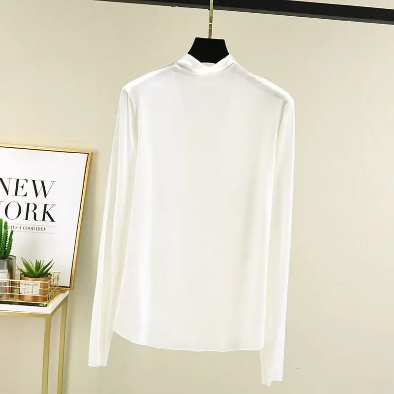 Women Korean Long Sleeve Collar T-Shirt Solid Teal - Image 2